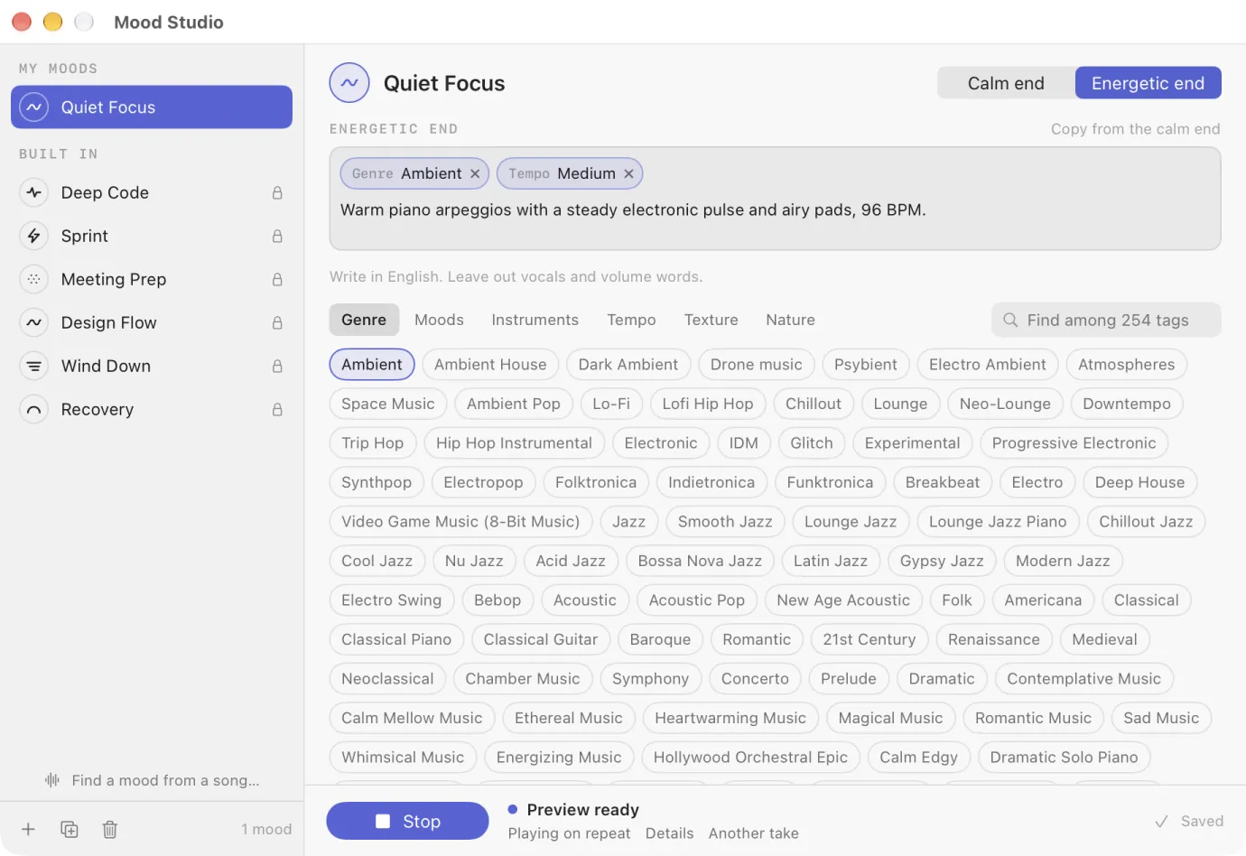Mood Studio with a custom mood, Quiet Focus: tags, a sentence and a 20-second preview