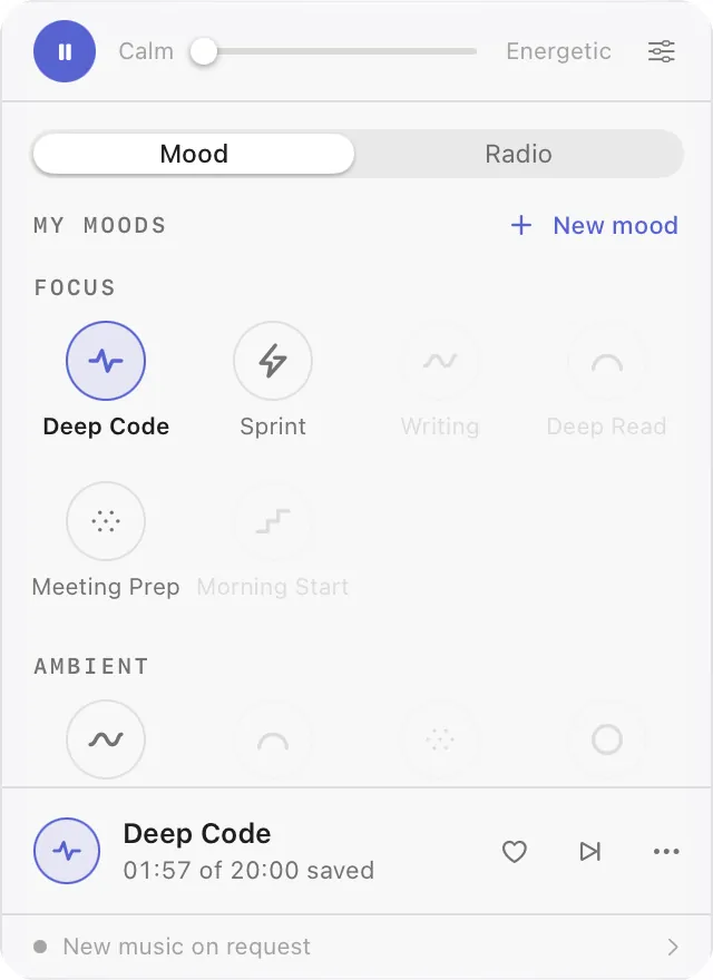 The Undersong menu-bar popover playing Deep Code, with the Focus and Ambient moods